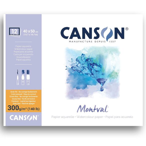 Watercolour Block - Canson Montval 40x50cm Natural White Cold Pressed 300 GSM Watercolour Paper, Glued on 4 Sides (Block of 12 Sheets)