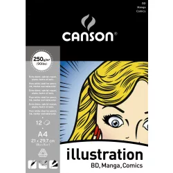   CANSON Illustration & Manga tömb fehér, síma rajzpapír ilusztrációhoz, rövid old. rag. (tus, tinta, filctoll, ceruza, stb..) 250g/m2 12 ív A4