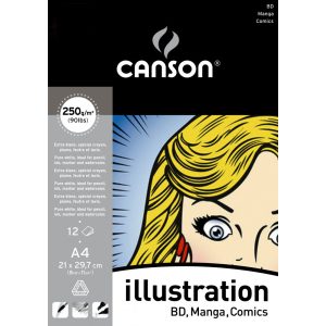 CANSON Illustration & Manga tömb fehér, síma rajzpapír ilusztrációhoz, rövid old. rag. (tus, tinta, filctoll, ceruza, stb..) 250g/m2 12 ív A4