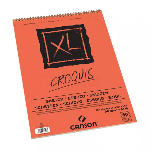 CANSON XL CROQUIS savmentes, csontfehér skiccpapír-tömb rövid oldalán spirálkötött, mikroperforált 90g/m2 60 ív A2