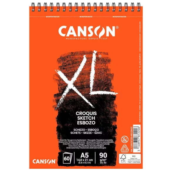 Vázlattömb - CANSON "XL" Croquis 90gr, 120 Sheets Short Side Spiral - A5