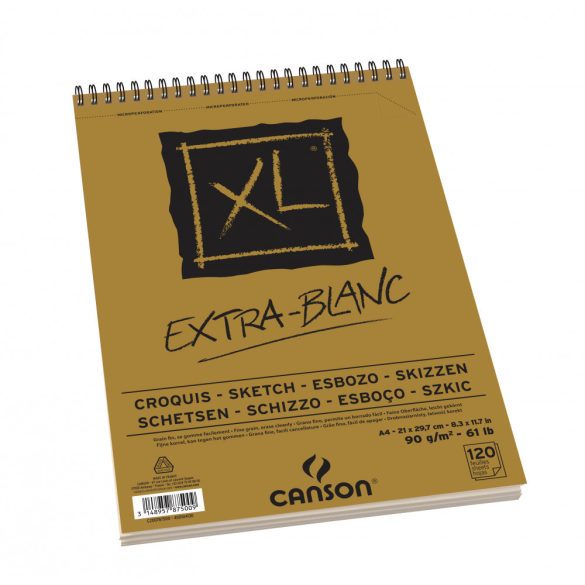 CANSON XL EXTRA BLANC, extra fehér, savmentes, skiccpapír-tömb, rövid oldalán spirálkötött, mikroperforált 90g/m2 120 ív A4