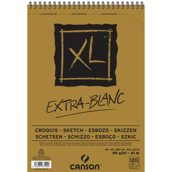 CANSON XL EXTRA BLANC, extra fehér, savmentes, skiccpapír-tömb, rövid oldalán spirálkötött, mikroperforált 90g/m2 120 ív A4