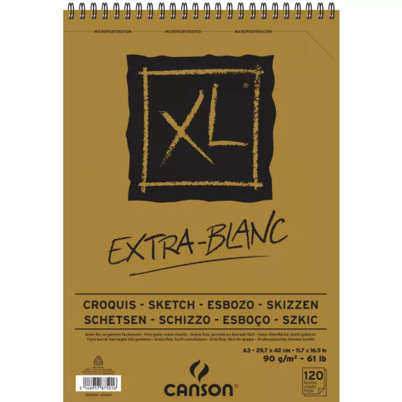 CANSON XL EXTRA BLANC, extra fehér, savmentes, skiccpapír-tömb, rövid oldalán spirálkötött, mikroperforált 90g/m2 120 ív A3