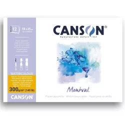   Akvarelltömb - Canson Montval Cold Pressed Watercolour Paper, Glued on 1 Sides, 300g, 12 sheets, 18x25cm