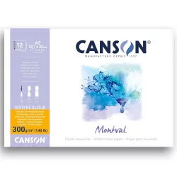  Akvarelltömb - Canson Montval Cold Pressed Watercolour Paper, Glued on 1 Sides, 300g, 12 sheets, A3 29.7x42cm