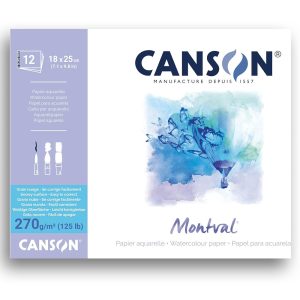 Watercolour Block - Canson Montval 18x25cm Natural White Cold Pressed 270 GSM Watercolour Paper, Glued on 1 Sides (Block of 12 Sheets)