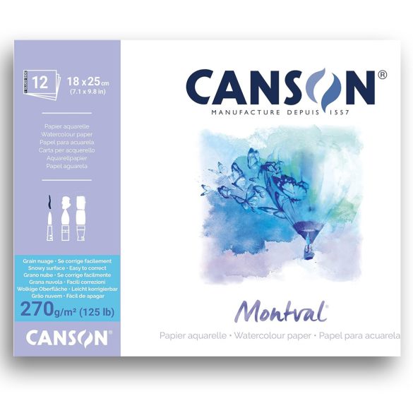 Watercolour Block - Canson Montval 18x25cm Natural White Cold Pressed 270 GSM Watercolour Paper, Glued on 1 Sides (Block of 12 Sheets)