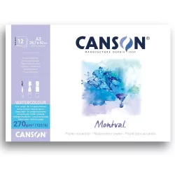   Akvarelltömb - Canson Montval Cold Pressed Watercolour Paper, Glued on 1 Sides, 270g, 12 sheets, A3 29.7x42cm