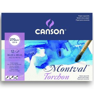 Watercolour Block - Canson Montval Torchon 36x48cm Natural White Cold Pressed 270 GSM Watercolour Paper, Glued on 1 Sides (Block of 12 Sheets)