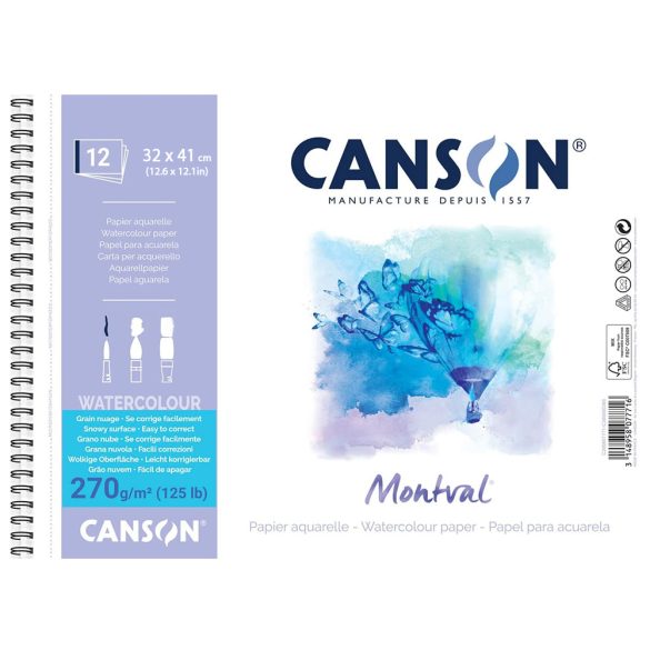 Watercolour Block - Canson Montval 32x41cm Natural White Cold Pressed 270 GSM Watercolour Paper, Spiral (Block of 12Sheets)