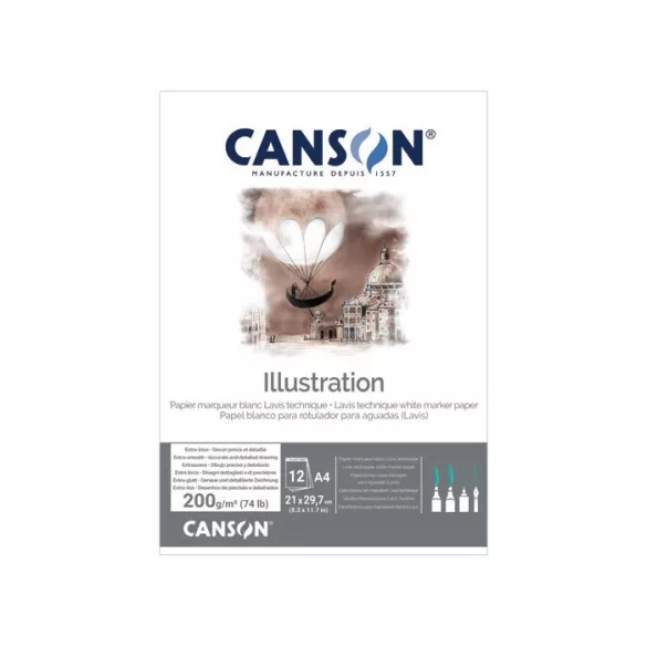 CANSON Illustration Lavis Technique extra fehér, extra síma rajztömb illusztrációhoz és elmosási technikához, rövid old. rag. tollhoz, tintához, 200g 12 ív A4