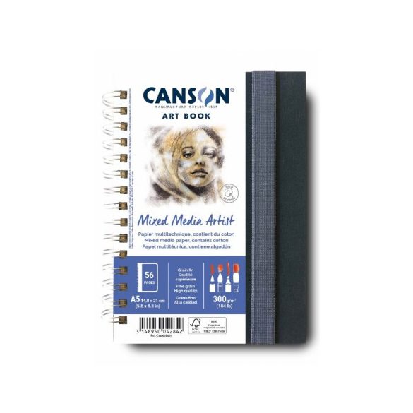 CANSON Books XL MIX MEDIA Portrait könyv, spirálkötött, fekete borítóval, 300g/m2 28 ív 56 lap A5