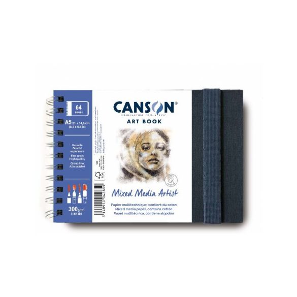 CANSON Art Book MIX MEDIA könyv, fekvő, spirálkötött, fekete borítóval, 300g/m2 28 ív 56 lap A5