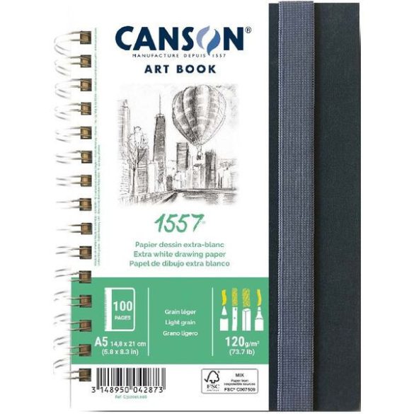 CANSON Art Book 1557 Rajzkönyv, spirálkötött, fekete borítóval, 120g/m2 50 ív 100 oldal A5