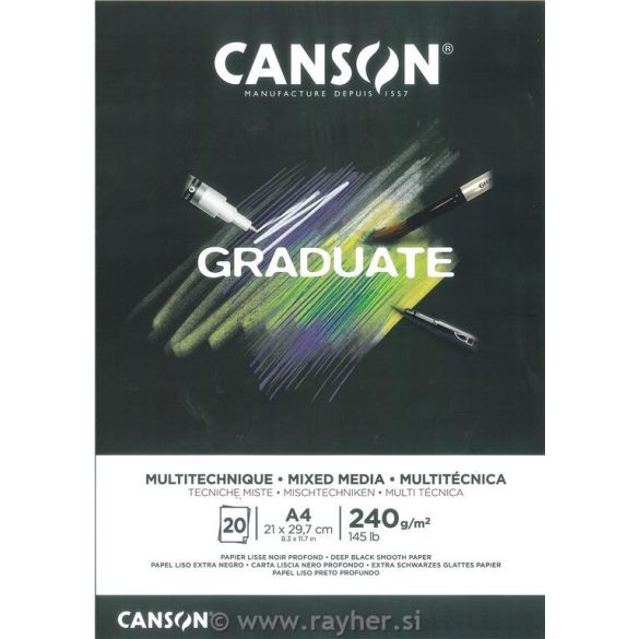 CANSON Graduate MIX MEDIA tömb, ragasztott 240g/m2 20 ív Fekete A4