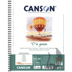   C á grain savmentes természetes fehér rajztömb finom szemcsés felülettel, hosszú oldalán spirálozott 180g/m2 30 ív A4+