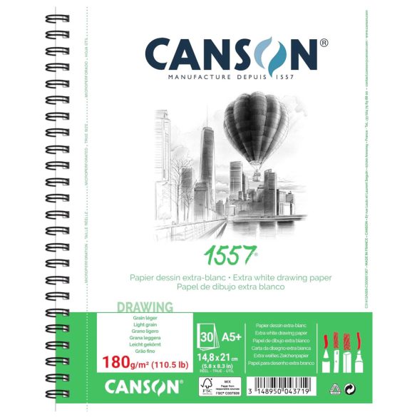 Sketchpad - CANSON 1557 Drawing 180gr, 30 Sheets Long Side Spiral - A5+