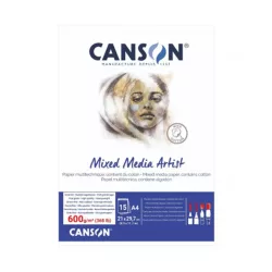   CANSON MIX MEDIA Essentia fehér enyhén szemcsés rajztömb, röv. old. ragasztott, 600g/m2 15 ív A4