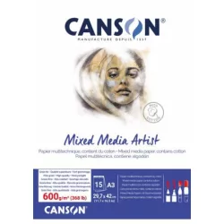   CANSON MIX MEDIA Essentia fehér enyhén szemcsés rajztömb, röv. old. ragasztott, 600g/m2 15 ív A3
