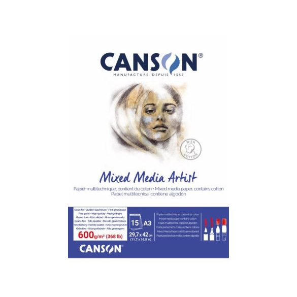 CANSON MIX MEDIA Essentia fehér enyhén szemcsés rajztömb,  600g/m2 A3