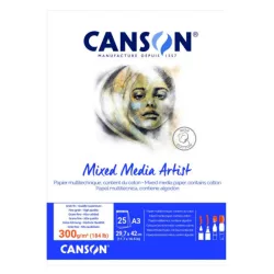   CANSON MIX MEDIA Artist fehér, enyhén szemcsés rajztömb, röv. old. ragasztott, 300g/m2 25 ív A3