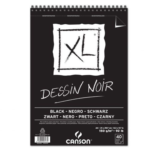 CANSON XL DESSIN NOIR, fekete fotókarton-tömb, rövid oldalán spirálkötött, mikroperforált 150g/m2 40 ív A4