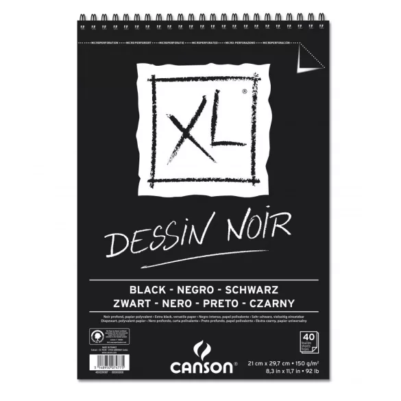 CANSON XL DESSIN NOIR, fekete fotókarton-tömb, rövid oldalán spirálkötött, mikroperforált 150g/m2 40 ív A4