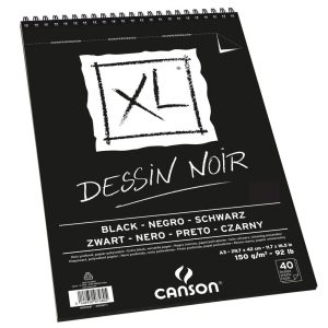 CANSON XL DESSIN NOIR, fekete fotókarton-tömb, rövid oldalán spirálkötött, mikroperforált 150g/m2 40 ív A3