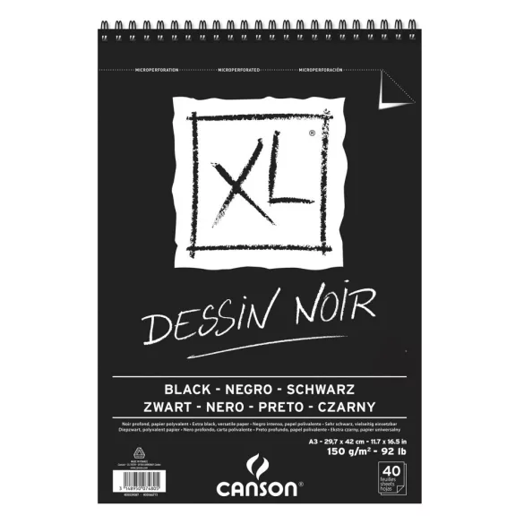 CANSON XL DESSIN NOIR, fekete fotókarton-tömb, spirálkötött, mikroperforált 150g/m2 40 ív A3