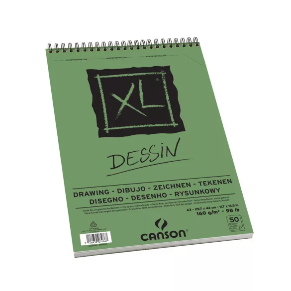 CANSON XL DESSIN, természetes fehér, savmentes rajztömb, rövid oldalán spirálkötött, mikroperforált 160g/m2 50 ív A3
