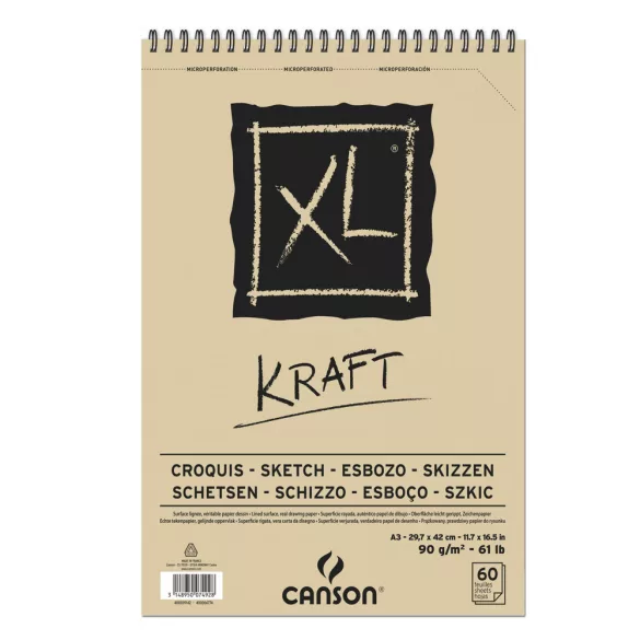 CANSON XL KRAFT, natúr barna színű rajztömb, rövid oldalán spirálkötött, mikroperforált 90g/m2 60 ív A3