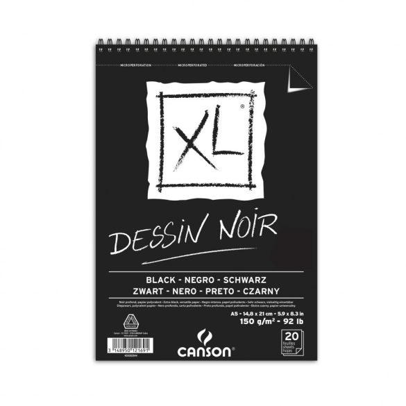 CANSON XL DESSIN NOIR, fekete fotókarton-tömb, spirálkötött, mikroperforált 150g/m2 20 ív A5