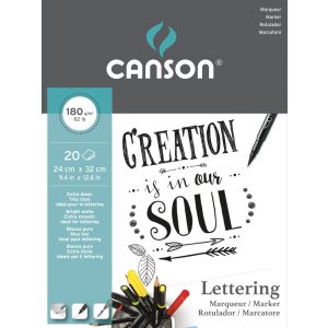 CANSON "Lettering" extrafehér, síma rajzpapír, tömb rövid old. rag. (tus, tinta, filctoll, ceruza, stb..) 180g/m2 20 ív 24 x 32 - Kifutó termék