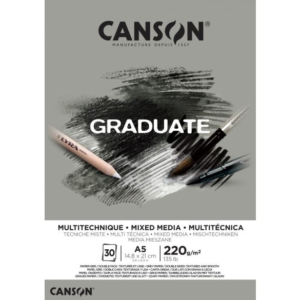 CANSON szürke MIX MEDIA-tömb, ragasztott 220g/m2 30 ív A5