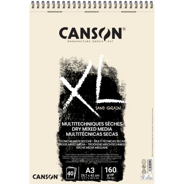 CANSON XL Sand grained, homokszemcsés pasztellpapír-tömb, rövid oldalán spirálkötött, mikroperforált 160g/m2 50 ív natúrsz. A3