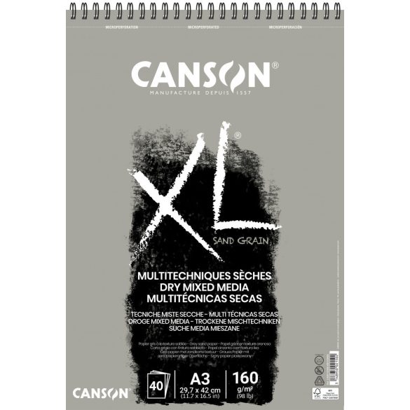 CANSON XL Sand grained, homokszemcsés pasztellpapír-tömb, rövid oldalán spirálkötött, mikroperforált 160g/m2 50 ív szürke A3