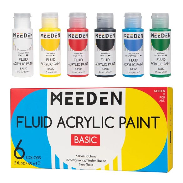Fluid Acrylic Paint Set, 6 Vibrant Colors/Bottles (2 oz, 60 ml) - BASIC