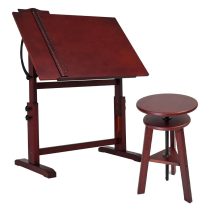 Vintage Wood Drafting Table & Stool Set