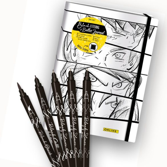 Kalligráfia tömb tustollakkal - ONLINE Bullet Journal Book A5 "Manga" with Black Lettering Set 5pcs