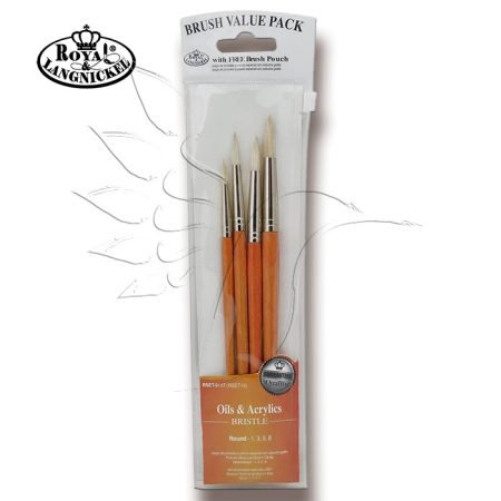 Brush Set - Oil & Acrylics BRISTLE ROUND Set – 4pcs  with free brush pouch