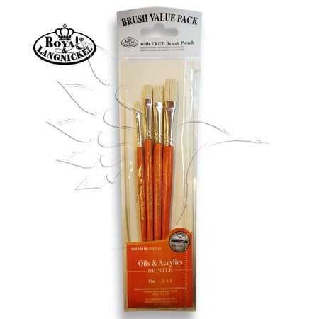 Brush Set -  Oils & Acrylics BRISTLE Flat Set - 4 pcs  with free brush pouch