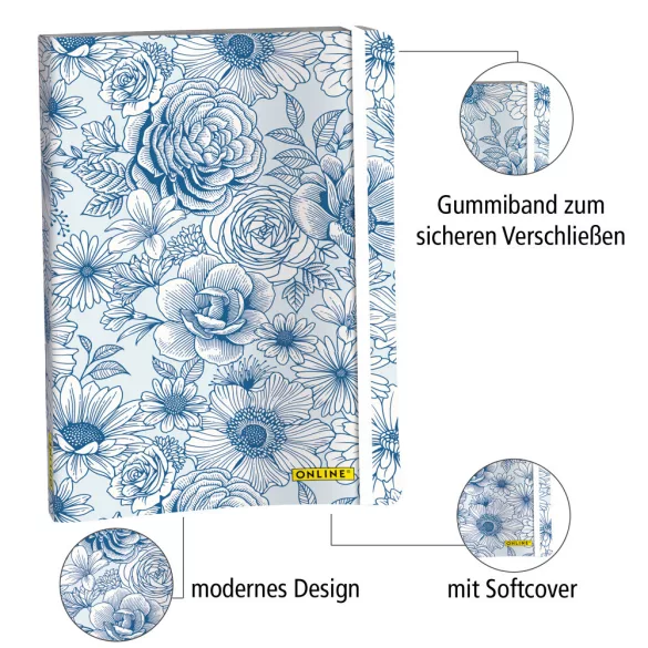 Bullet Journal Blue Flowers - pontozott, A5