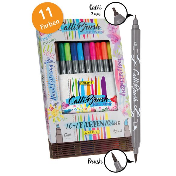 Filckészlet - ONLINE Calli Brush Double Tip Pens - 11 db-os, kétvégű, bambusz tartóban