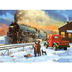   Kifestő készlet számokkal, ecsettel, felnőtteknek - 30x40 cm - Régi gőzmozdony télen