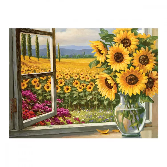 Kifestő készlet számokkal, ecsettel, felnőtteknek - 30x40 cm - Napraforgó tábla az ablakból