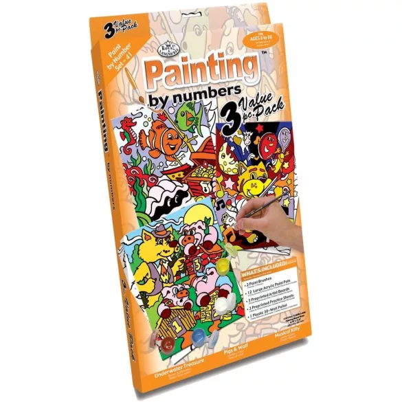 Számozott kifestő készlet kicsiknek akrilfestékkel, ecsettel - 3 kép festése egy készletben