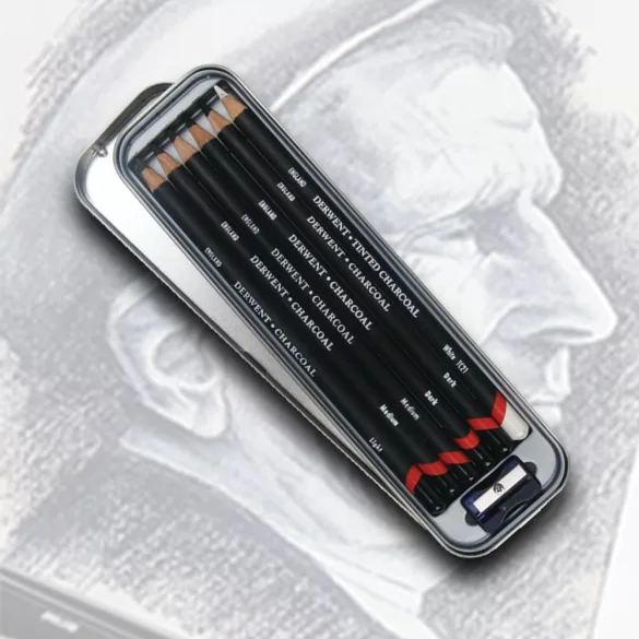Ceruzakészlet - Derwent Charcoal szénceruza fém ceruzatartóban - 6db