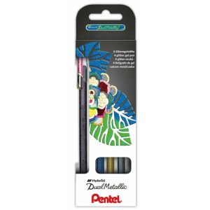 Pentel zselés rollertoll Dual-Hybrid 4 darabos szett - fekete/metálpiros, kék/metálzöld, arany, ezüst