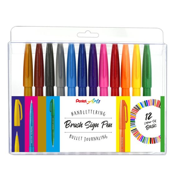Pentel Brush Sign Pen kalligrafikus hajlékony hegyű ecsetfilc készlet - 12 színű szett, Alapszínek
